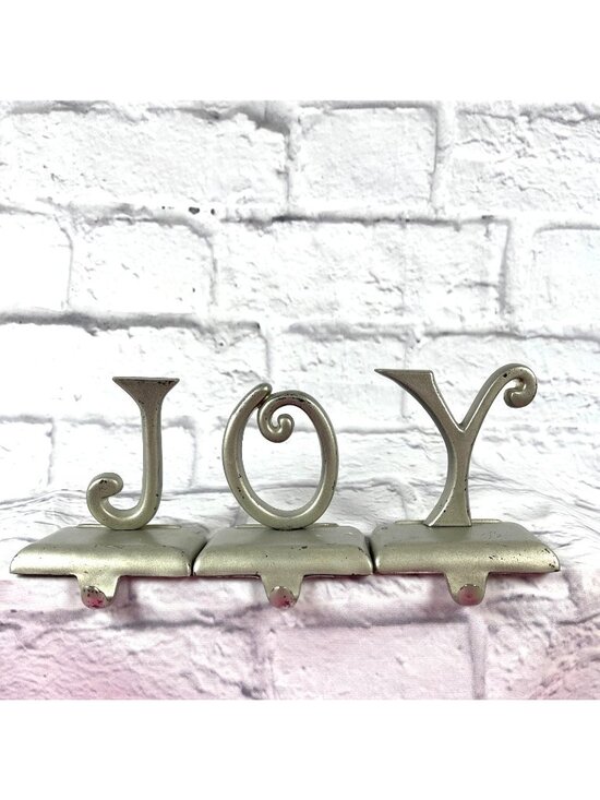 Pottery Barn Other - Vintage Pottery Barn Silver JOY Christmas Stocking Holders Weighted Mantel Hooks